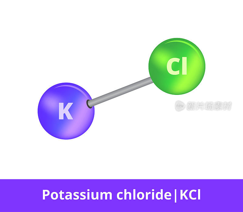 Vector ball-and-stick model of chemical substance. Icon of potassium chloride molecule commonly known as a salt KCl consisting of potassium and chloride. Formula is isolated on a white background.